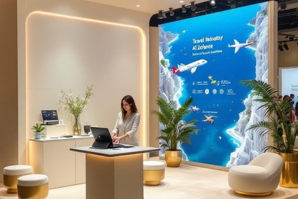 ▲「AI 魔鏡智能選旅」互動體驗可由 AI 智慧分析，推薦最適合你的個人化旅遊行程。(圖/萬里雲集團提供)