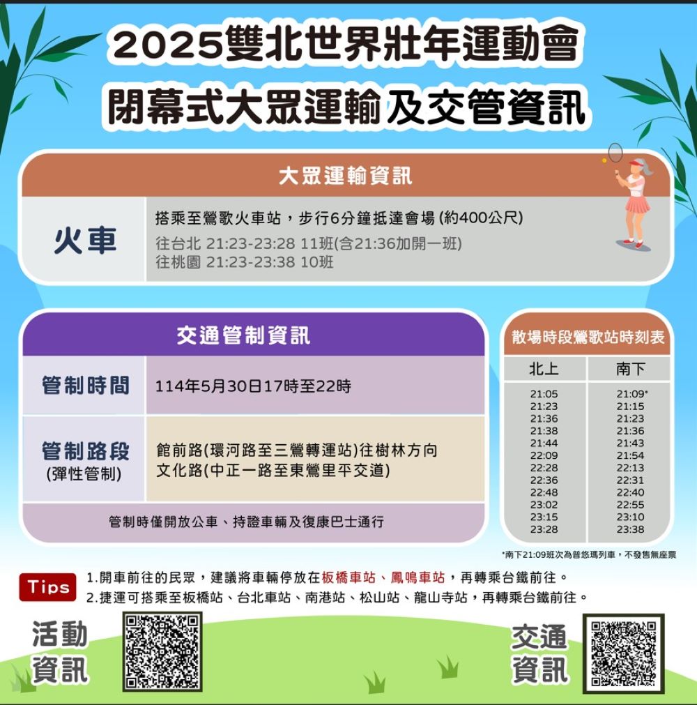 搭火車最便捷 世壯運閉幕典禮5/30在新美館 1 《圖說》閉幕式大眾運輸及交管資訊。〈交通局提供〉
