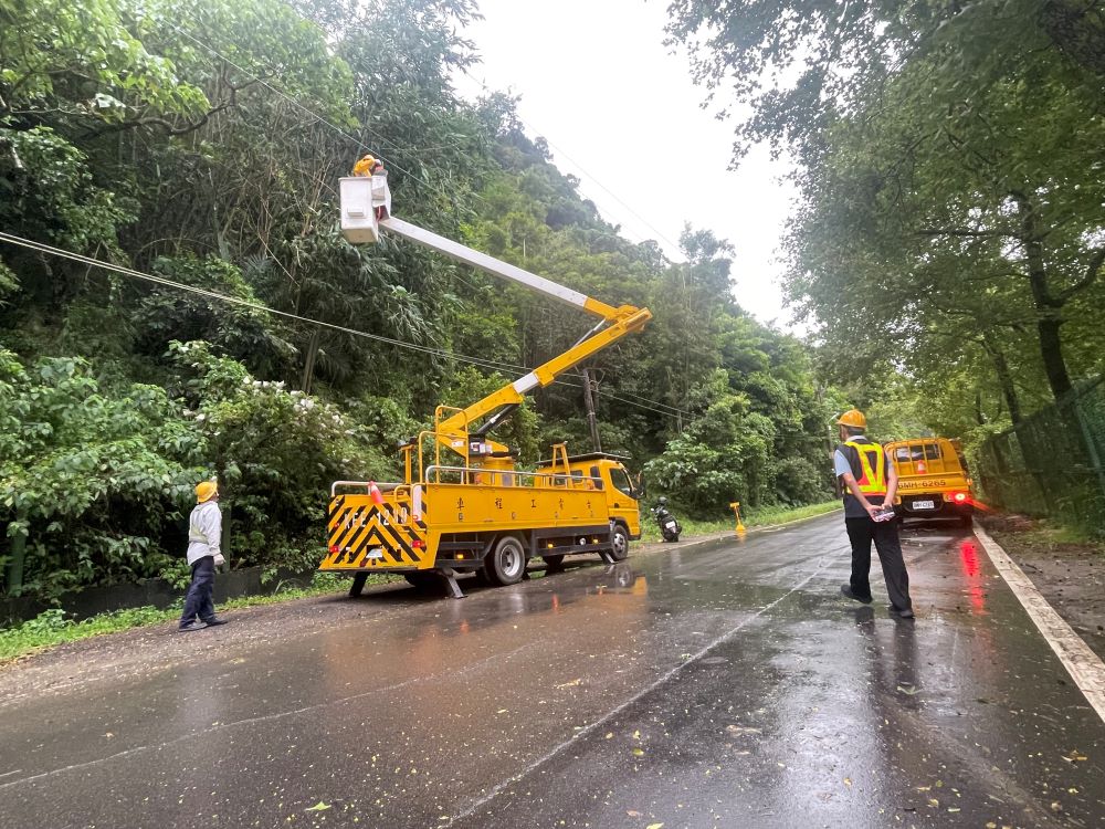 穩定端午供電總動員 台電北西區處維護電網不打烊 2 《圖說》夏天時樹木生長快速,台電北西工程人員進行樹木修剪,減少枝幹碰觸纜線,降低停電的風險。〈台電北西區處提供〉