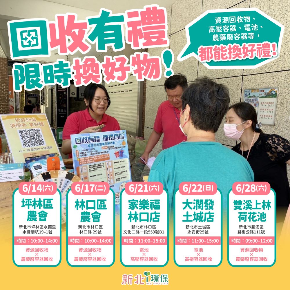 回收換好禮 新北結合農會、賣場及荷花季同步出擊 3 《圖說》新北結合農會、賣場及荷花季於6月舉辦5場資源回收兌換活動,歡迎市民朋友踴躍參加。〈環保局提供〉