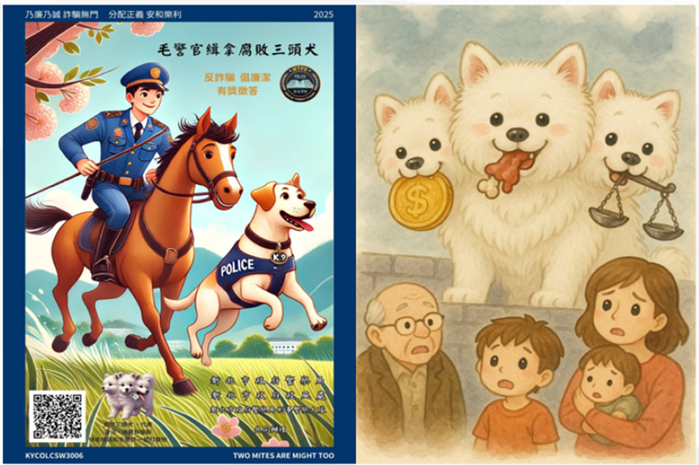 反詐倡廉 緝拿「腐敗三頭犬」抽出500幸運兒 2 《圖說》藉由警犬對抗「腐敗三頭犬」之角色設計,來增進社會大眾對於破壞社會公義與和諧安定的腐敗現象的警覺及防範,示意圖、AI生成。〈警察局提供〉