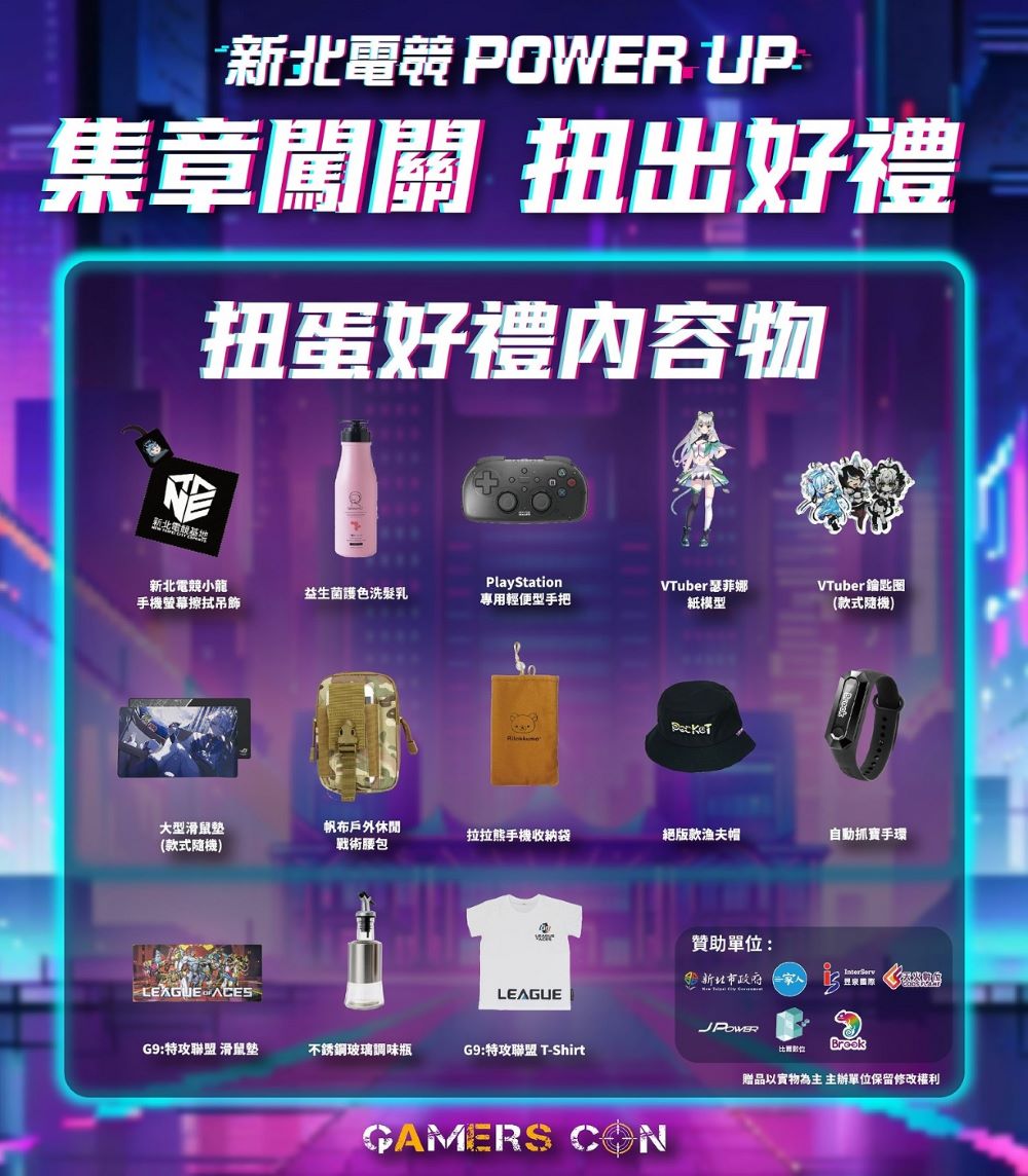 台灣電競產業展7/24登場 「新北POWER UP」魅力多元 2 《圖說》蒐集「企業章」與「學校章」,完成問卷並按讚指定粉專,即可兌換以上精美好禮與扭蛋機會。〈經發局提供〉